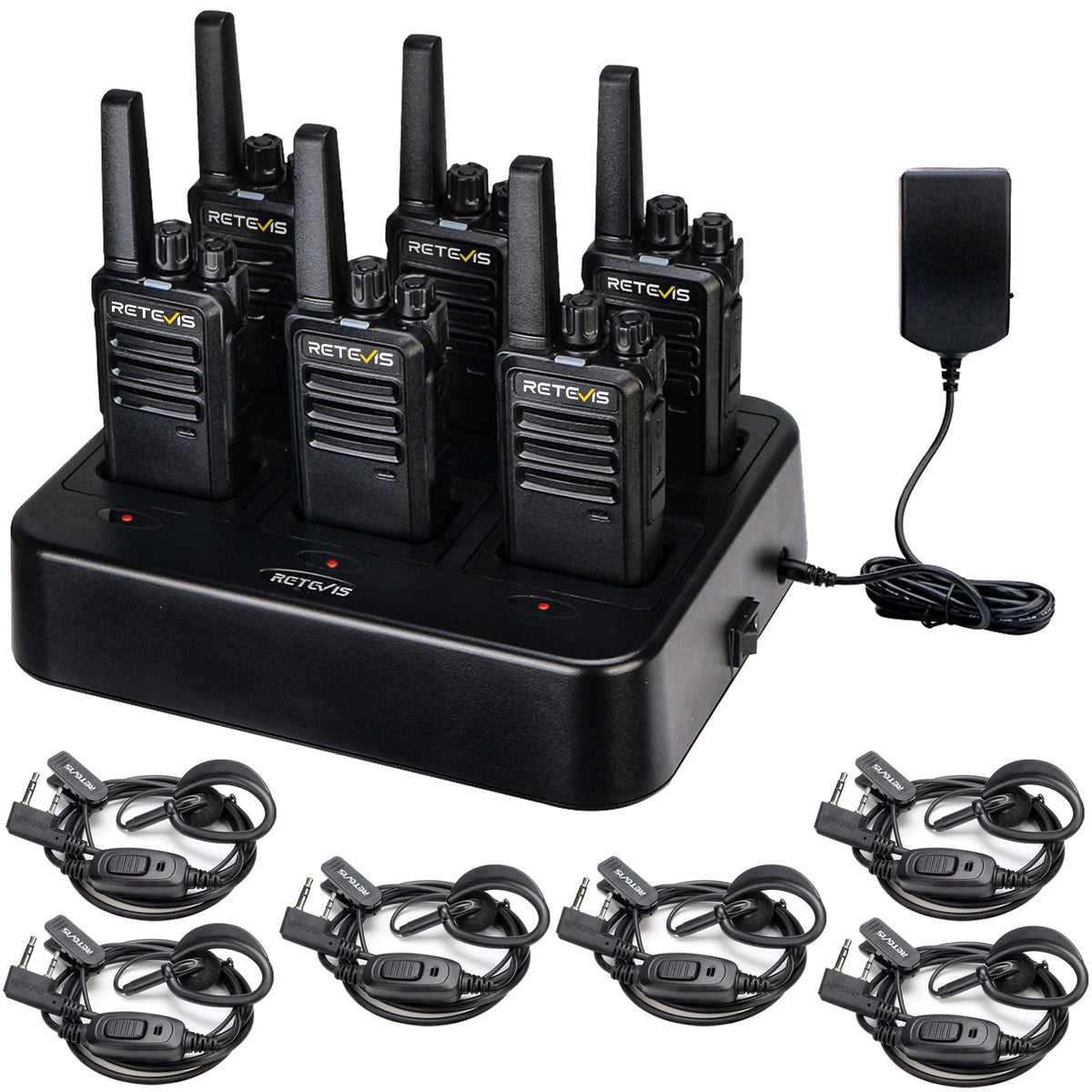 Retevis RT68 Business FRS Walkie Talkies Long Range with Earpieces 6 Pack | Rugged & Compact, License-Free, Powerful 500mW Speaker, 12-Hour Battery, Long-Term Supply, for Schools, Retail & Hospitality