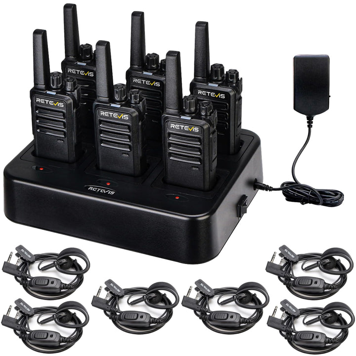 Retevis RT68 Business FRS Walkie Talkies Long Range with Earpieces 6 Pack | Rugged & Compact, License-Free, Powerful 500mW Speaker, 12-Hour Battery, Long-Term Supply, for Schools, Retail & Hospitality