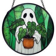 TNUW Halloween Ghost Plant Stained Glass Window Hanging, Ghost Halloween Sun Catchers Indoor Window Glass Round Wall Art Decor, Gifts for Plant Lovers Wall Hanging Decorations, 7.9＂x7.9＂