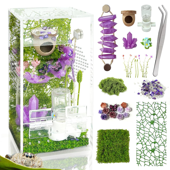Jumping Spider Enclosure,DIY Insects Habitat,Small Reptile Terrarium Glass House Accessories Set,with Jumping Bridge Hide Water Feeder (Purple)