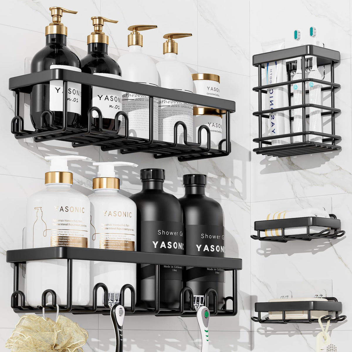 YASONIC Shower Caddy Adhesive, Rustproof Shower Organizer, Wall Shower Rack | Large Capacity Shower Shelves for Inside Shower, Shampoo Shower Holder, Black, 2 Caddies, 2 Soap Dishes, 1 Toothbrush Holder