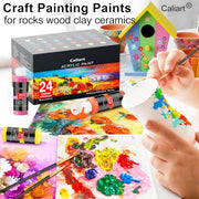 Caliart Acrylic Paint Set of 24 Colors with 12 Brushes | Craft Painting Kit for Artists Adults Beginners, Halloween Pumpkin Canvas Wood Rock Ceramic Fabric Art Supplies