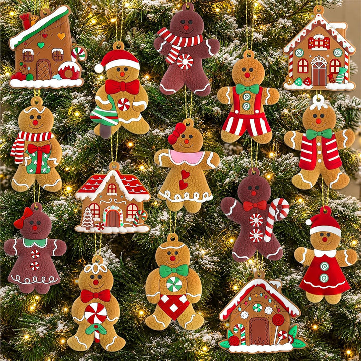 kockuu 16pcs Gingerbread Man Ornaments for Christmas Tree Decorations | 3 inch tall, soft PVC, kids unbreakable ornament, small gingerbread house figurine ornament bulk, for Xmas tree hanging decor