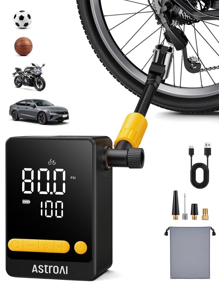 AstroAI Bike Pump, 12s Fast Inflate Bicycle Pump, Air Pump for Car Tires | 150PSI Tire Inflator Portable Air Compressor, Ball Pump with Tire Pressure Gauge & LED Light,L10 Mini Suitable for Car, Bikes