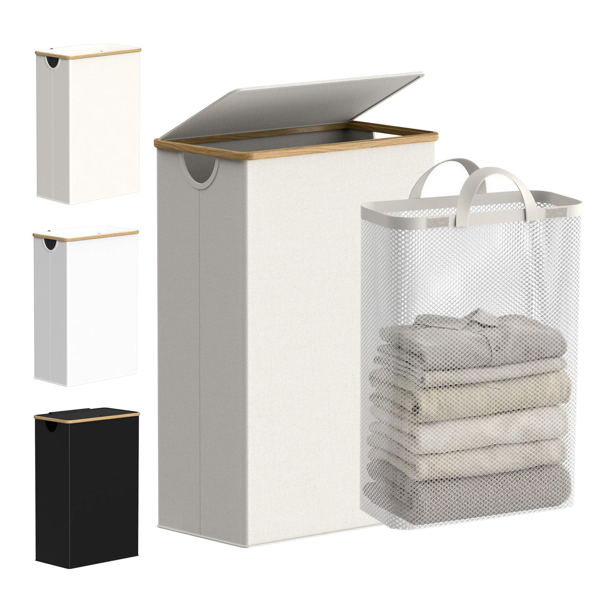 efluky Slim Laundry Hamper with Lid and Removable Bag, 75L Beige | Narrow Laundry Basket with Bamboo Handles, Skinny Dirty Clothes Hampers for Laundry, Bedroom, Bathroom & Dorm