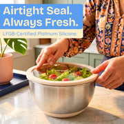 Non-Toxic Stainless Steel Mixing Bowls, Glass Lids, Plastic Free, 5-Pcs | LFGB platinum silicone seal. Keeps food fresh longer. Airtight. Non-slip silicone base. Dishwasher safe. Measurement marks.