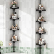 shuang qing 360° Rotating Corner Shower Caddy Tension Pole Organizer, Black | 4-Tier rotating shelves with hooks, adjustable tray height, upgraded rustproof metal pole, removable trays for shower storage