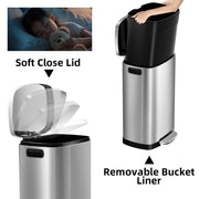 KdbK Kitchen Trash Can with Lid, 13 Gal Stainless Steel Pedal Garbage Can | 50L Fingerprint Pedal Trash Can with Removable Inner Bucket and Lid Soft Close, Rubbish Bin for Home Office, Silver