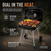 17.5-Inch Charcoal Kettle Grill with Wheels, 302 Sq In Grate | Porcelain-coated steel bowl, lid and grid with adjustable air dampers, rear wheels and bottom shelf for patio or tailgating.