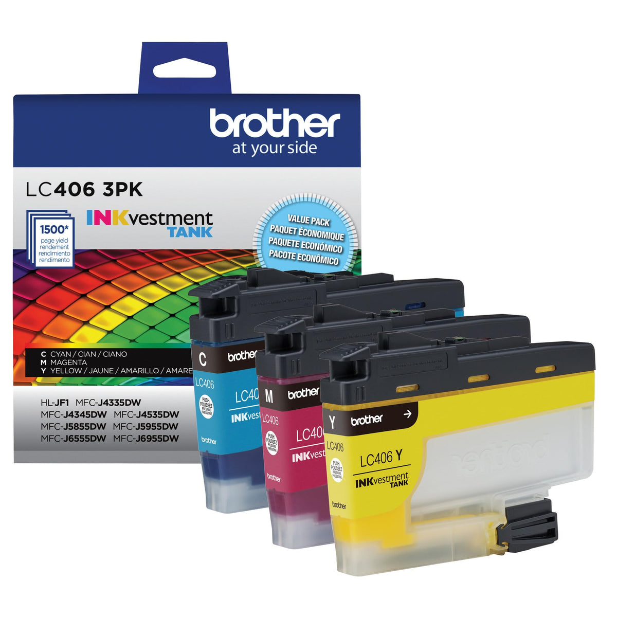 Brother Genuine LC406 Ink Cartridges for INKvestment Tank Printers | 3-pack cyan, magenta and yellow Brother printer ink LC406 ink cartridges for select INKvestment Tank printers