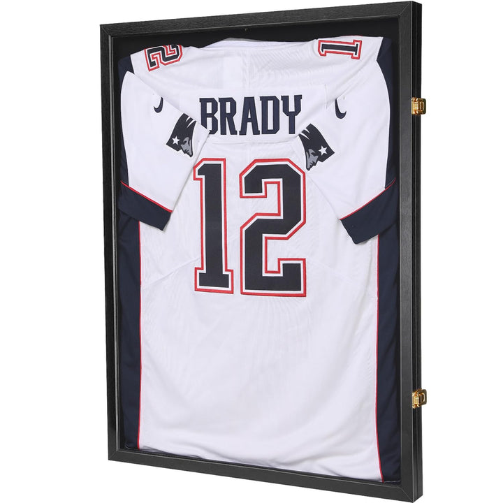 Jersey Wooden Frame Display Case -Shadow Box with 98% UV Protection Acrylic and Hanger for L or XL Baseball Basketball Football Hockey Sport Shirt and Uniform (Black, 1 Pack)