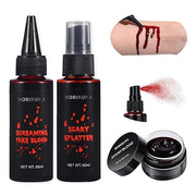 BOBISUKA 3PCS Halloween Fake Blood Makeup Kit - Coagulated 1.41oz + Spray 1.76oz + Dripping 1.76oz, Realistic Washable SFX Makeup for Zombie Monster Mouth Clothes Dress Up