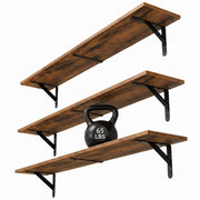 WOPITUES Long Wall Shelves 32″W x 8″D, Floating Book Shelves Max Load 65lbs | Wall Mounted Wood Shelf Storage, Metal Brackets, Bedroom/Living Room/Laundry Room/Kitchen/Pantry Decor, Brown, Set of 3