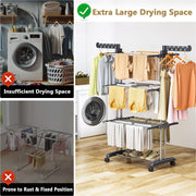 Upgraded 4-Tier Clothes Drying Rack, Drying Rack Clothing with Wheels | Large Foldable Laundry Drying Rack, Clothes Rack with Side Hooks for Indoor Outdoor Air Drying, 19.68"D x 29.9"W x 67.7"H