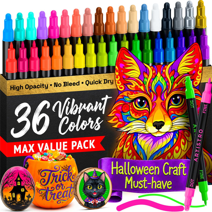 ARTISTRO 36 Multicolor Dual-Tip Acrylic Paint Marker Pens | Pumpkin Painting & Decorating Kit for Halloween & Fall Crafts, Fabric, Rock, Glass, Wood, & Coloring Books (Dot & Fine Tips)