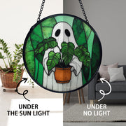 TNUW Halloween Ghost Plant Stained Glass Window Hanging, Ghost Halloween Sun Catchers Indoor Window Glass Round Wall Art Decor, Gifts for Plant Lovers Wall Hanging Decorations, 7.9＂x7.9＂