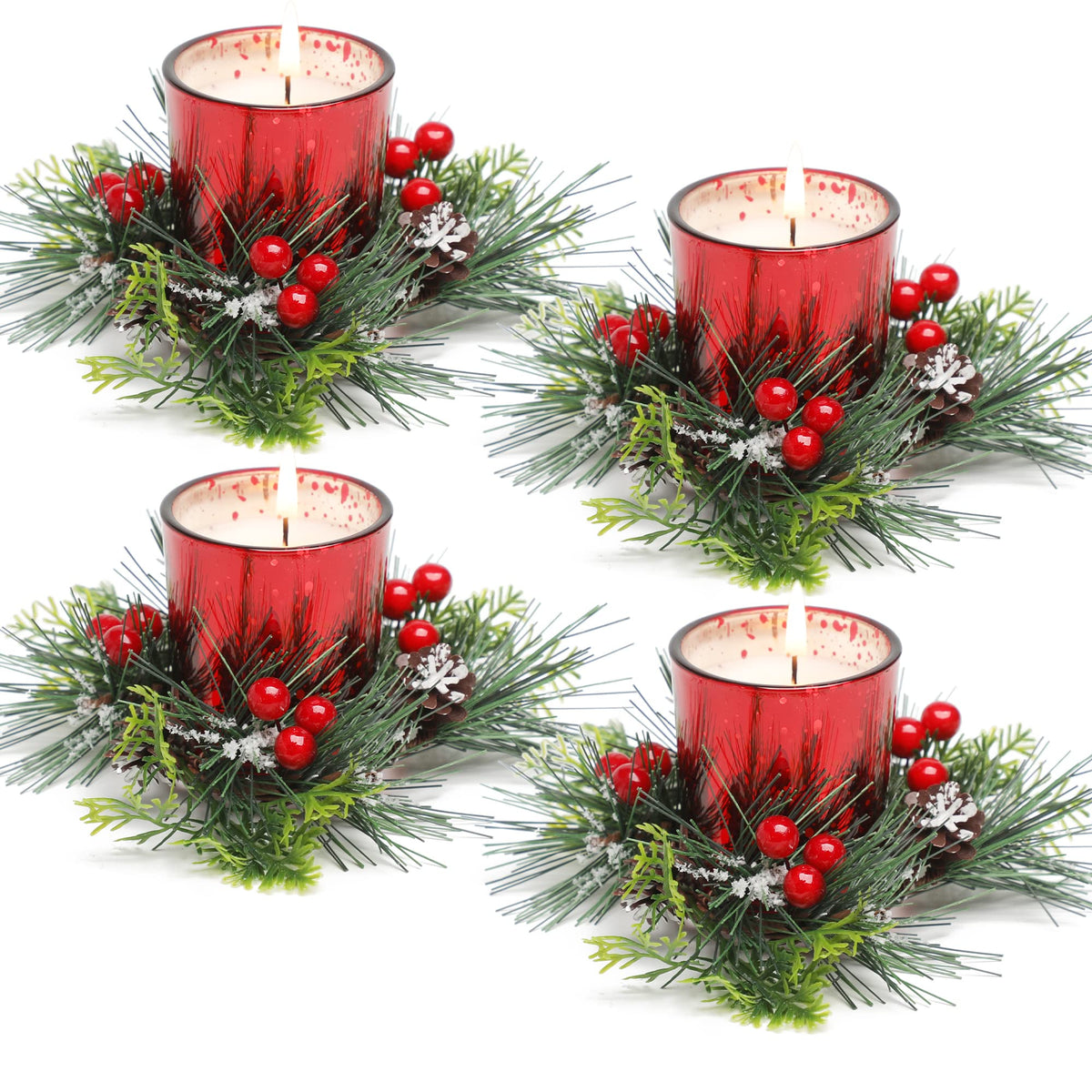 Christmas Candle Ring, 4 Pcs Votive Candle with Red Berry Pinecone | Xmas Ring Candle for Table Centerpiece Decoration Wedding Holiday,Red