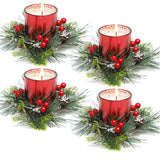 Christmas Candle Ring, 4 Pcs Votive Candle with Red Berry Pinecone | Xmas Ring Candle for Table Centerpiece Decoration Wedding Holiday,Red