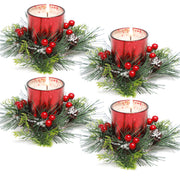 Christmas Candle Ring, 4 Pcs Votive Candle with Red Berry Pinecone | Xmas Ring Candle for Table Centerpiece Decoration Wedding Holiday,Red