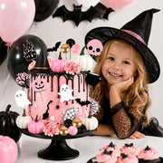 30Pcs Happy Halloween Cake Toppers & Cupcake Toppers for Birthday Party | Pink Halloween Cake Decorations Set with Mini Pumpkins, Witch Hat, Cauldron, Ghost, Flowers and Trees