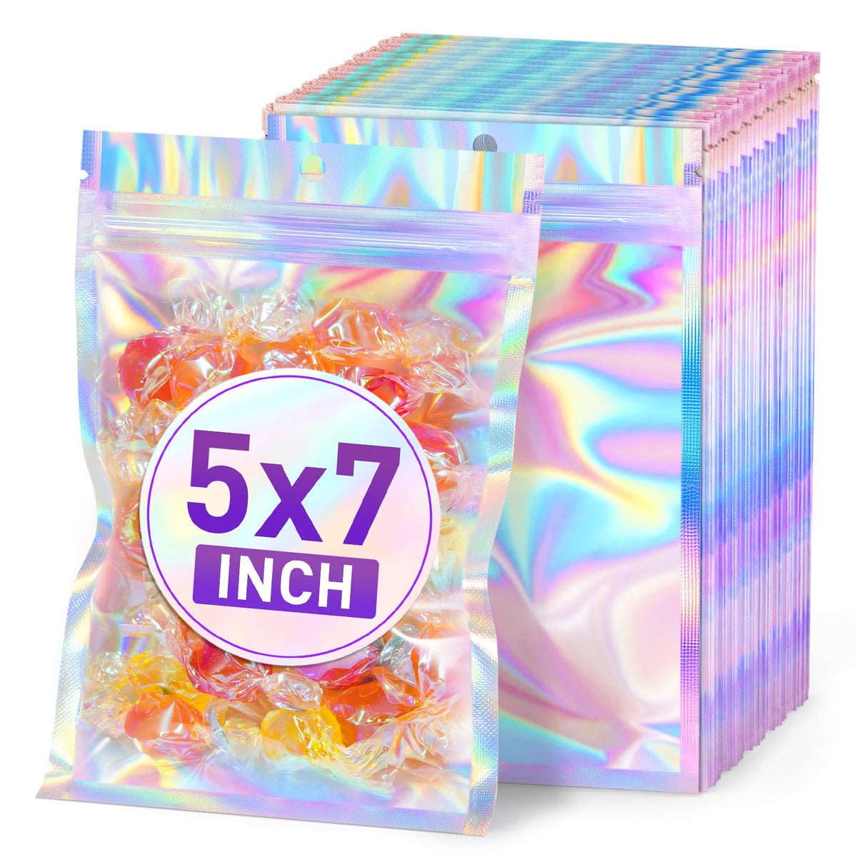 ANZNKU Holographic Bags 5x7 Mylar Bags Resealable 50PCS, Smell Proof Goodie Snack Candy Jewelry Gift Pouches for Small Business Party Favor Bead Storage, Small Plastic Baggies for Halloween Christmas