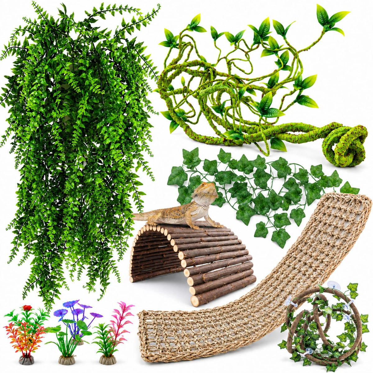 RUNANIA Bearded Dragon Tank Accessories, 10 PCS Reptile Hammock Plants Bridge Jungle Climber Vines for Snakes Bearded Dragon Chameleon Gecko Lizard