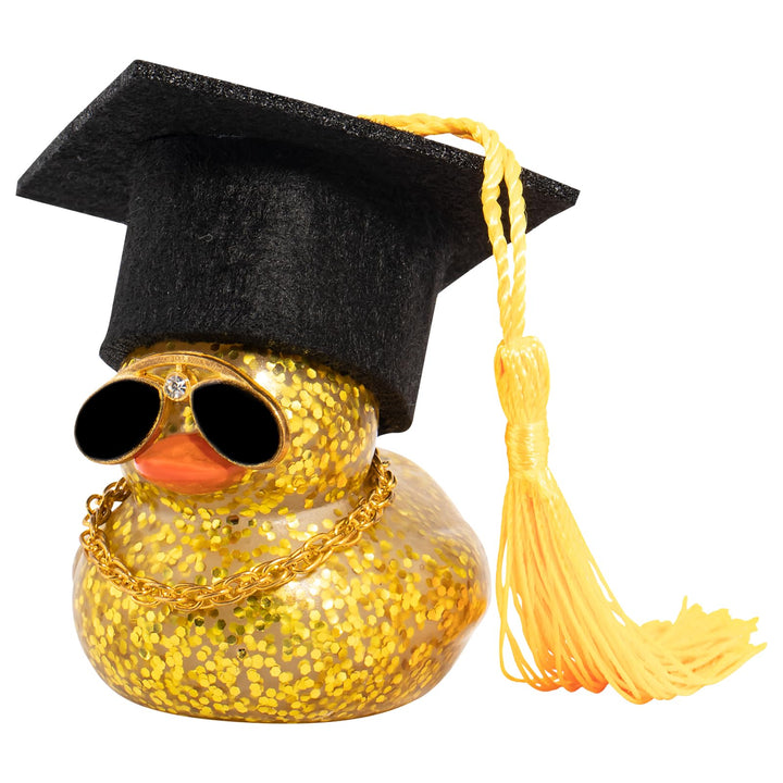 wonuu Car Dashboard Decor Graduation Hat Color Rubber Duck, Car Ducks Ornaments with Mini Graduation Hat Necklace Sunglasses (Gold)
