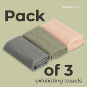 MainBasics Japanese Deep Exfoliating Shower Towel, 3 Pack, Earthy Love | Japanese Nylon, Body Washcloth, Textured for Effective Exfoliation, Quick-Dry, Durable, Helps Reveal Smoother Skin