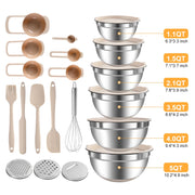 Mixing Bowls with Airtight Lids Set, Non-Slip Silicone Bottoms, Khaki | Stainless Steel 6 Bowls(4.5QT,4QT,3.5QT,2.1QT,1.5QT,1.1QT), 3 Grater Attachments for Baking Serving