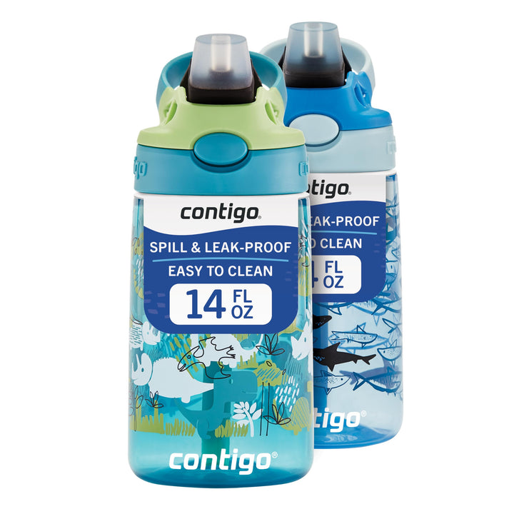 Contigo Aubrey Kids Water Bottle, Dinos & Sharks, 14oz, 2-Count | Spill-Proof Lid, Easy-Clean Pop-Up Straw, BPA-Free, Dishwasher Safe, One-Hand Drinking, Includes 2-Pack 14oz