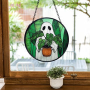 TNUW Halloween Ghost Plant Stained Glass Window Hanging, Ghost Halloween Sun Catchers Indoor Window Glass Round Wall Art Decor, Gifts for Plant Lovers Wall Hanging Decorations, 7.9＂x7.9＂