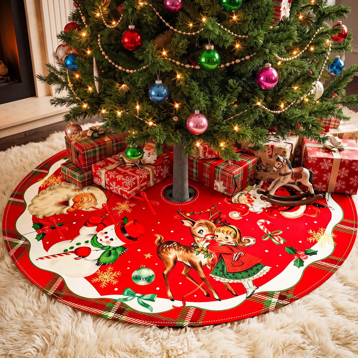 Vintage Christmas Decorations Tree Skirt Home Decor with Retro Santa Design | 48inches Red Vintage Christmas Tree Skirt Santa Snowman Reindeer Design Short Plush for Tree Base Mat