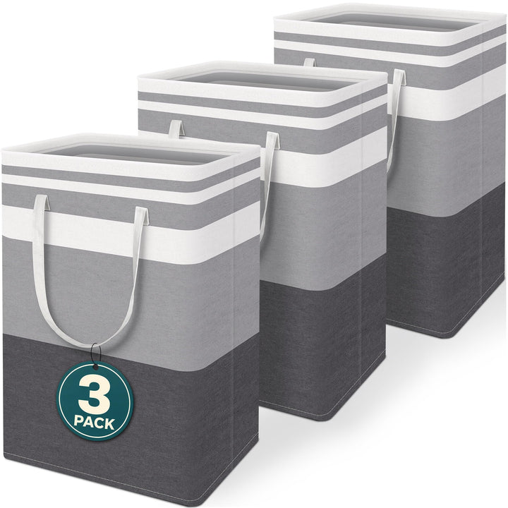 BlissTotes 3-Pack Laundry Basket, Collapsible Laundry Hamper, Grey, 75L | Laundry Clothes Hamper, Hampers for Bedroom, Freestanding Hamper with Handles, Clothes Laundry Basket