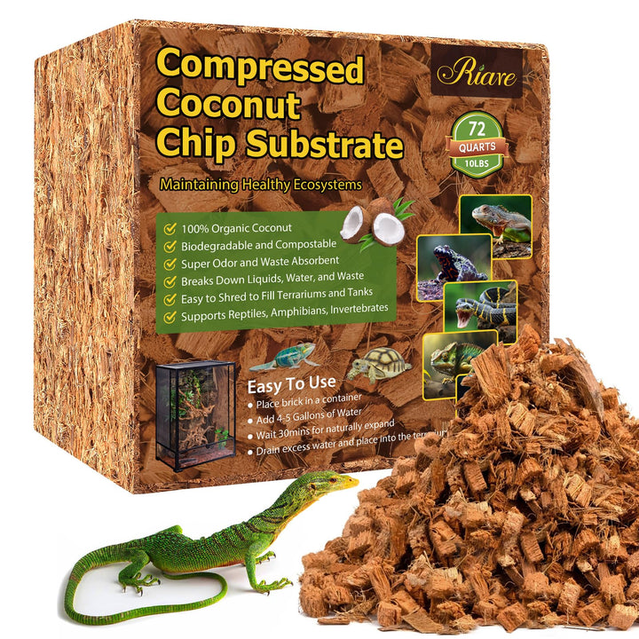 Riare 10LB Coconut Husk Chip for Reptiles, 72 Quart Coconut Fiber Substrate | Coco Chips Substrate Coconut Husk Bedding for Snakes, Tortoises, Ball Python, Bearded Dragon, Geckos, Lizards, Frogs