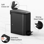 TIPGO Small Bathroom Trash Can with Lid Soft Close, 1.6 Gal, Matte Black | Step Pedal, 5.9'' Slim for Narrow Space, Stainless Steel, Anti-fingerprint, Removable Inner Bucket, Odor Seal