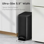 TIPGO Small Bathroom Trash Can with Lid Soft Close, 1.6 Gal, Matte Black | Step Pedal, 5.9'' Slim for Narrow Space, Stainless Steel, Anti-fingerprint, Removable Inner Bucket, Odor Seal