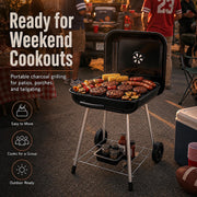 17.5-Inch Charcoal Kettle Grill with Wheels, 302 Sq In Grate | Porcelain-coated steel bowl, lid and grid with adjustable air dampers, rear wheels and bottom shelf for patio or tailgating.