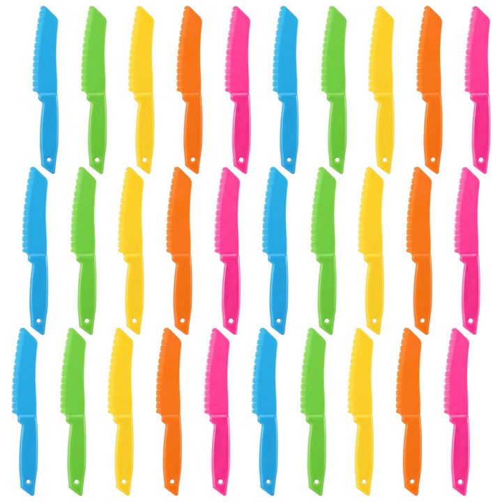 30 Pcs Plastic Knives for Real Cooking, Kids Knife Set Safe for Cutting Bread, Lettuce, Salad, Toddler Knife Set with Serrated Edges, Colorful Kitchen Tools for Birthday Party Favors