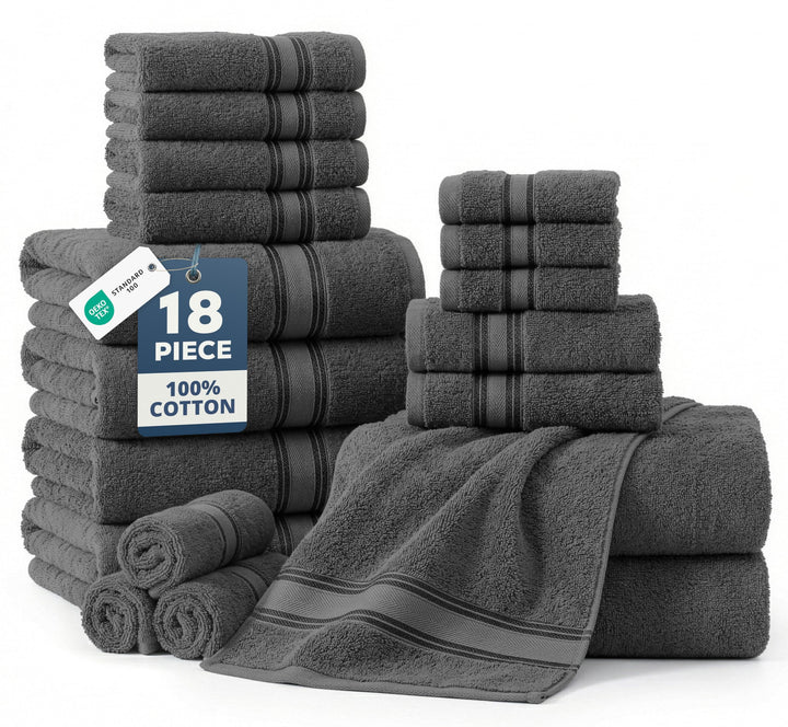 LANE LINEN Bath Towel Set 100% Cotton 18 Piece Soft Absorbent - Grey | Soft & Absorbent Towel Set, Ring-Spun, Ideal for Gym & Home, with OEKO-TEX