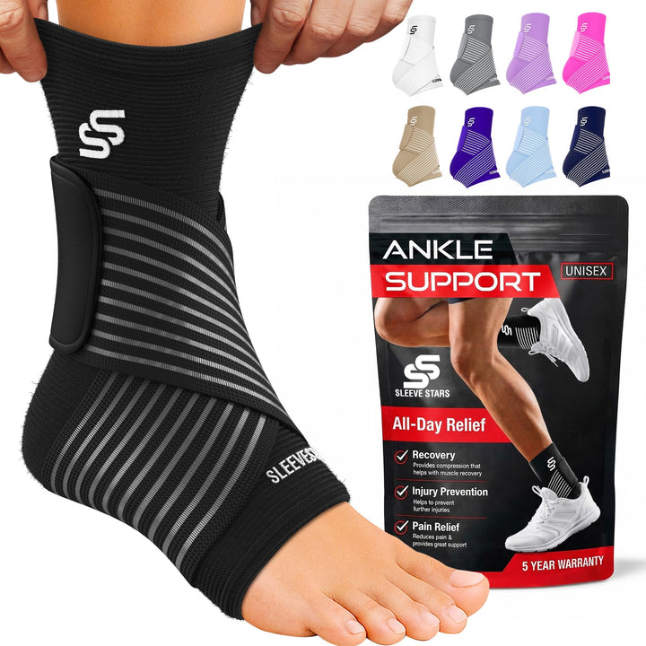 Sleeve Stars Ankle Brace Men & Women Support (Single/M:10"-12"/Black) | Plantar Fasciitis, Adjustable Strap, Sprained Wrap, Customizable Foot Support, Achilles Tendonitis Relief, Compression Sleeve