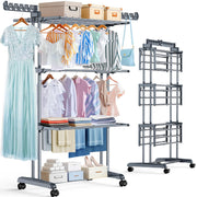 Upgraded 4-Tier Clothes Drying Rack, Drying Rack Clothing with Wheels | Large Foldable Laundry Drying Rack, Clothes Rack with Side Hooks for Indoor Outdoor Air Drying, 19.68"D x 29.9"W x 67.7"H