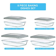 KOMUEE 8 Pieces Glass Baking Dish with Lids, Gray | Rectangular Glass Baking Pan, Bakeware Set with Lids for Lasagna, Leftovers, Cooking, Fridge-to-Oven, Casserole Dish