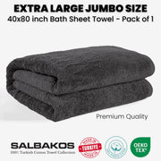 SALBAKOS Luxury 100% Turkish Cotton Bath Sheet 40x80 in (1-Piece, Gray) | Extra Large Jumbo Oversized Bathroom and Beach Towel, Super Soft Highly Absorbent Thick Premium Hotel Quality, Made in Turkey