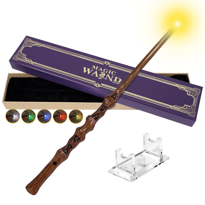 EnrichFun Light Up Wizard Magic Wand with 5 Static Color Lights Rechargeable LED Resin Witch Wands for Kids Cosplay Collection, with Acrylic Stand, (Rune)