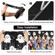 2 Pack Halloween Fringe Curtains, Ghost Foil Tinsel Backdrop | Metallic Foil, 3.28 x 6.56 FT Halloween Tinsel Backdrop Photo Booth Props Streamer for Halloween Decorations
