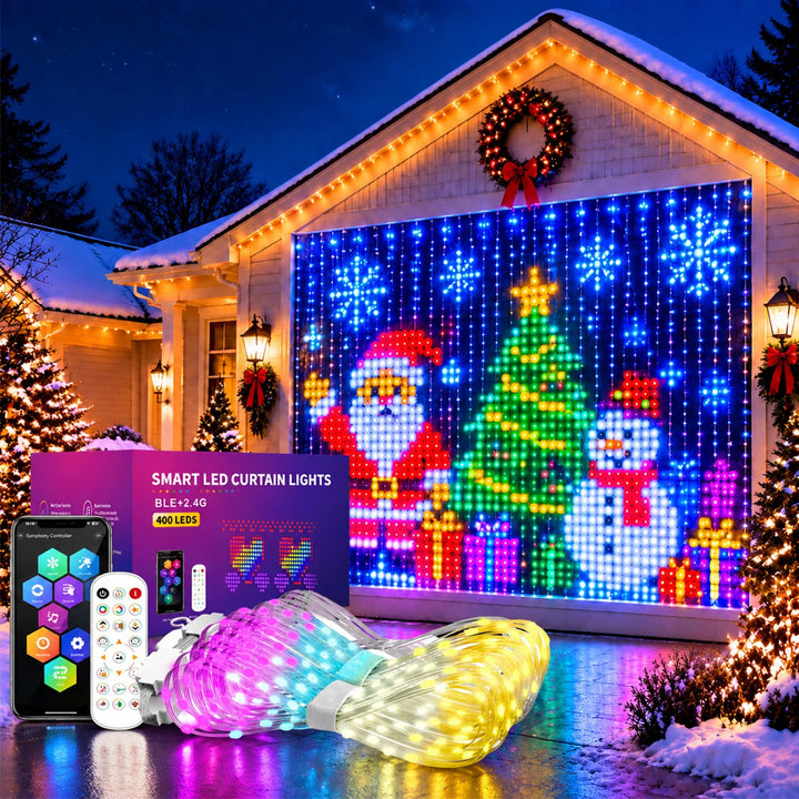 Christmas LED Smart Wall Curtain Net Lights, RGB Animated Outdoor Lights | 400 RGB Leds with App & Remote Control, Animated Effects, Timer, Music Sync and Customizable Christmas Light Displays