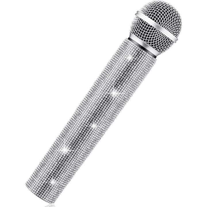 Sanwuta Fake Microphone Prop, Sparkly Bling Rhinestones Mic, Silver | Sparkle Bling Plastic Play Microphone, Pretend Glitter Bedazzled Mic, for Halloween Cosplay Party Costume
