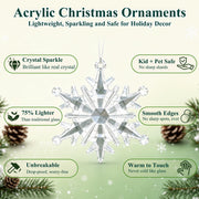 Crystal Christmas Tree Ornaments, Clear Acrylic Snowflake & Icicle, 18pcs | Faceted acrylic catches and reflects tree lights with icy sparkle, creating a crystal-like glow on snowflake & icicle shapes