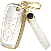 Lucrum Compatible with Ford Key Fob Cover & Keychain | Fits Bronco, Explorer, Edge, Escape, Expedition, Fusion, Mustang, 4 Buttons Keyfob Case (2017-2026) - White and Gold