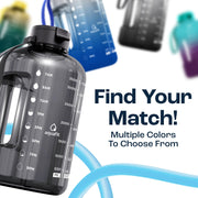 AQUAFIT 1 Gallon Water Bottle with Time Marker | BPA Free 128 oz Water Bottle with Straw and Chug Lids - Leakproof Gym Water Bottle with Carry Handle (Gray)